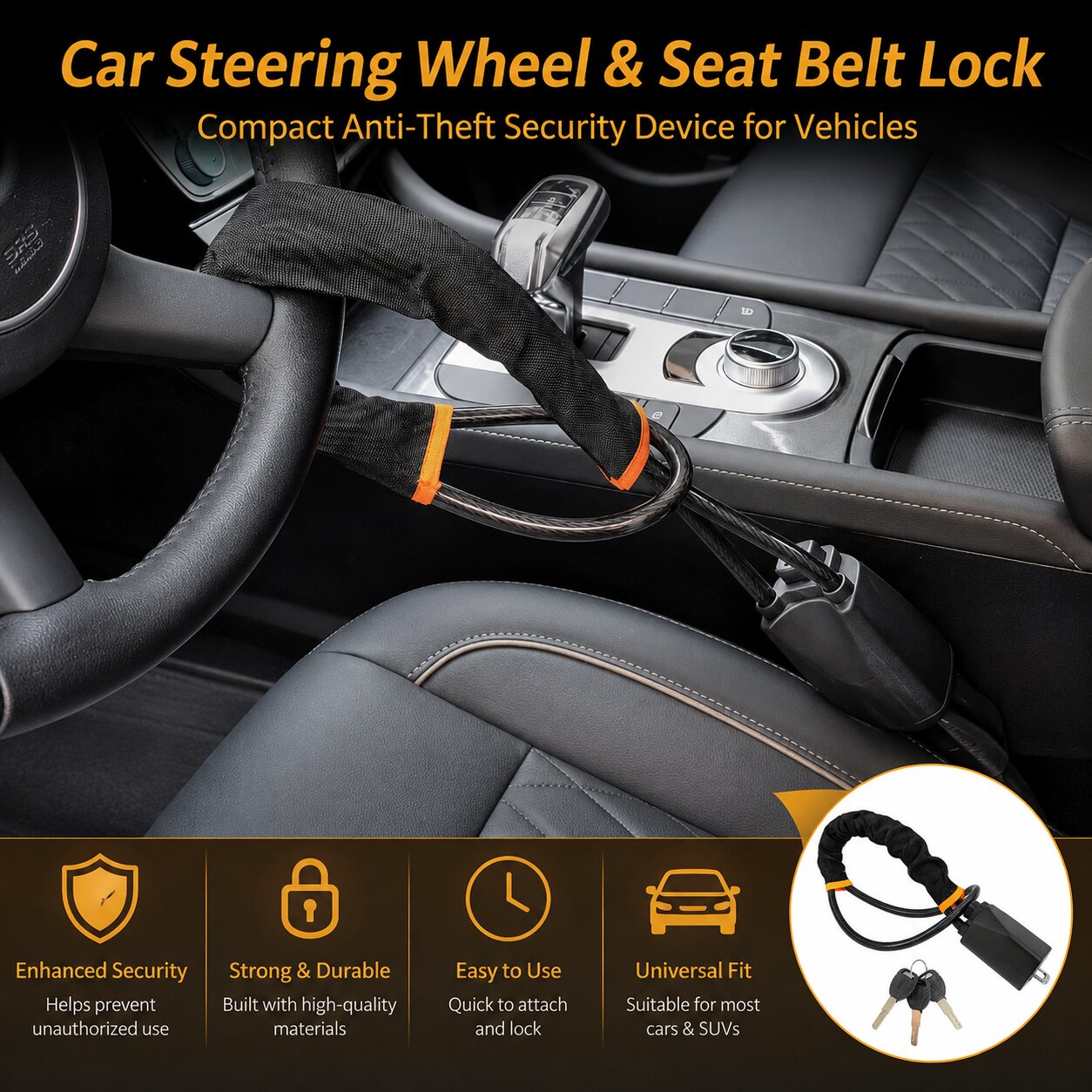 Car Steering Wheel and Seat Belt Lock – Compact Anti-Theft Security Device for Vehicles